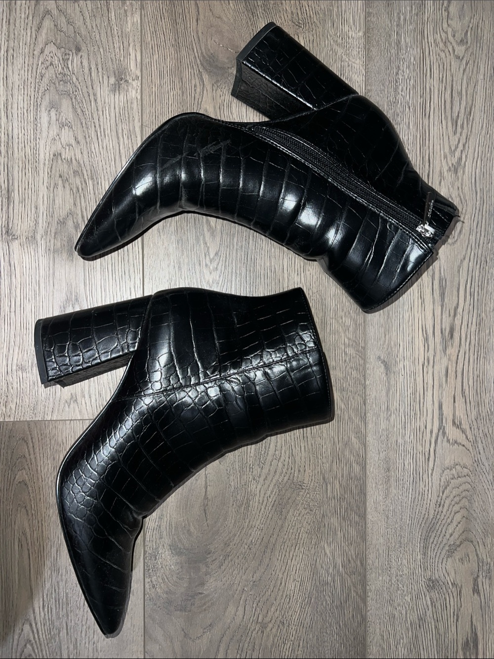 Charles David Black Croc-Embossed Block Heel Ankle Boots